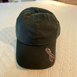 Black Baseball Cap with Pink Crystal Breast Cancer Awareness Ribbon NWOT